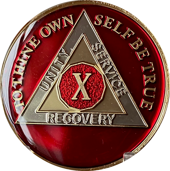 10 Year AA Medallion Metallic Mandarin Red Tri-Plate Sobriety Chip