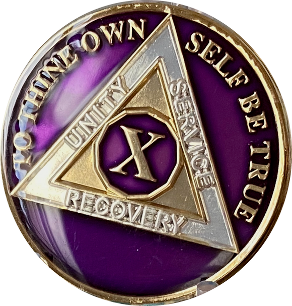 10 Year AA Medallion Metallic Purple Tri-Plate Sobriety Chip