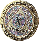 10 Year AA Medallion Reflex Birthday Funfetti Glitter Silver Gold Plated Sobriety Chip