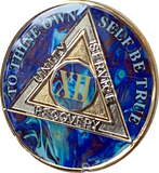 1 - 20 Year AA Medallion Sapphire Blue Swirl Tri-Plate Sobriety Chip
