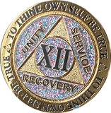 10 Year AA Medallion Reflex Birthday Funfetti Glitter Silver Gold Plated Sobriety Chip