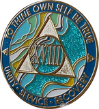 18 Year AA Medallion Elegant Caribbean Aqua Glitter Teal Marble Gold Sobriety Chip