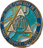 18 Year AA Medallion Elegant Caribbean Aqua Glitter Teal Marble Gold Sobriety Chip
