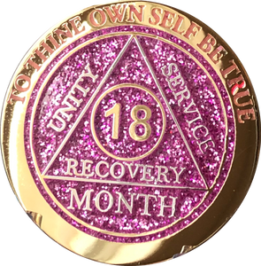 18 Month AA Medallion Reflex Pink Glitter Gold Plated Sobriety Chip