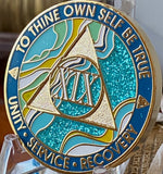 19 Year AA Medallion Elegant Caribbean Aqua Glitter Teal Marble Gold Sobriety Chip