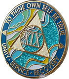 19 Year AA Medallion Elegant Caribbean Aqua Glitter Teal Marble Gold Sobriety Chip