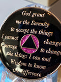 25 Year AA Medallion Pink Glitter Tri-Plate Sobriety Chip Serenity Prayer Back