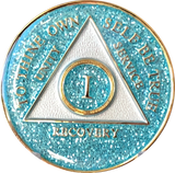 1 Year AA Tri-Plate Glitter Medallion Pink or Purple or Aqua Sobriety Chip