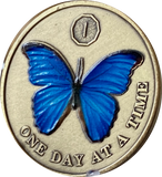 1 2 3 4 5 6 7 8 9 or 10 Year Blue Butterfly One Day At A Time Serenity Prayer Medallion Coin