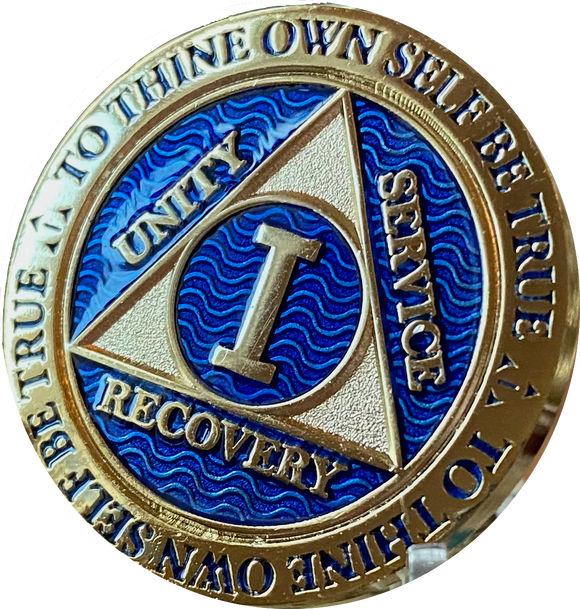 1 Year AA Medallion Elegant Blue Gold Plated Sobriety Chip