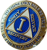 1 Year AA Medallion Elegant Blue Gold Plated Sobriety Chip