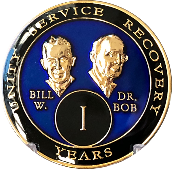 1 Year AA Founders Medallion Blue Tri-Plate Sobriety Chip Bill W Doctor Bob Front