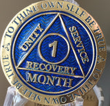 1 Month AA Medallion Reflex Blue Gold Plated 30 Day Sobriety Chip