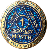 1 Month AA Medallion Reflex Blue Glitter Gold Plated 30 Day Sobriety Chip