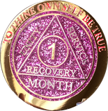 1 Month AA Medallion Reflex Pink Glitter Gold Plated 30 Day Sobriety Chip