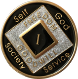 1 Year NA Clean Time Chip Black Silver Glitter Official Narcotics Anonymous Medallion