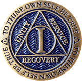 1 Year AA Medallion Antique Bronze and Reflex Blue Color Sobriety Medallion