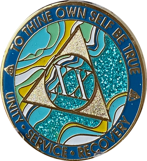20 Year AA Medallion Elegant Caribbean Aqua Glitter Teal Marble Gold Sobriety Chip