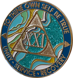 21 Year AA Medallion Elegant Caribbean Aqua Glitter Teal Marble Gold Sobriety Chip