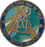 21 Year AA Medallion Elegant Caribbean Aqua Glitter Teal Marble Gold Sobriety Chip