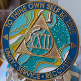 22 Year AA Medallion Elegant Caribbean Aqua Glitter Teal Marble Gold Sobriety Chip