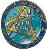 22 Year AA Medallion Elegant Caribbean Aqua Glitter Teal Marble Gold Sobriety Chip