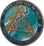 24 Year AA Medallion Elegant Caribbean Aqua Glitter Teal Marble Gold Sobriety Chip