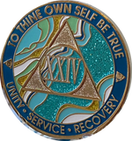 24 Year AA Medallion Elegant Caribbean Aqua Glitter Teal Marble Gold Sobriety Chip