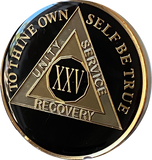 25 Year AA Medallion Glossy Classic Black Tri-Plate Sobriety Chip