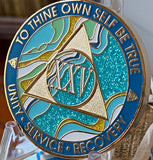 1 - 46 Year AA Medallion Elegant Caribbean Aqua Glitter Teal Marble Gold Sobriety Chip