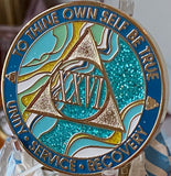 26 Year AA Medallion Elegant Caribbean Aqua Glitter Teal Marble Gold Sobriety Chip