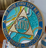 27 Year AA Medallion Elegant Caribbean Aqua Glitter Teal Marble Gold Sobriety Chip