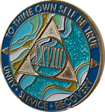 28 Year AA Medallion Elegant Caribbean Aqua Glitter Teal Marble Gold Sobriety Chip