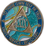 29 Year AA Medallion Elegant Caribbean Aqua Glitter Teal Marble Gold Sobriety Chip