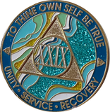 29 Year AA Medallion Elegant Caribbean Aqua Glitter Teal Marble Gold Sobriety Chip