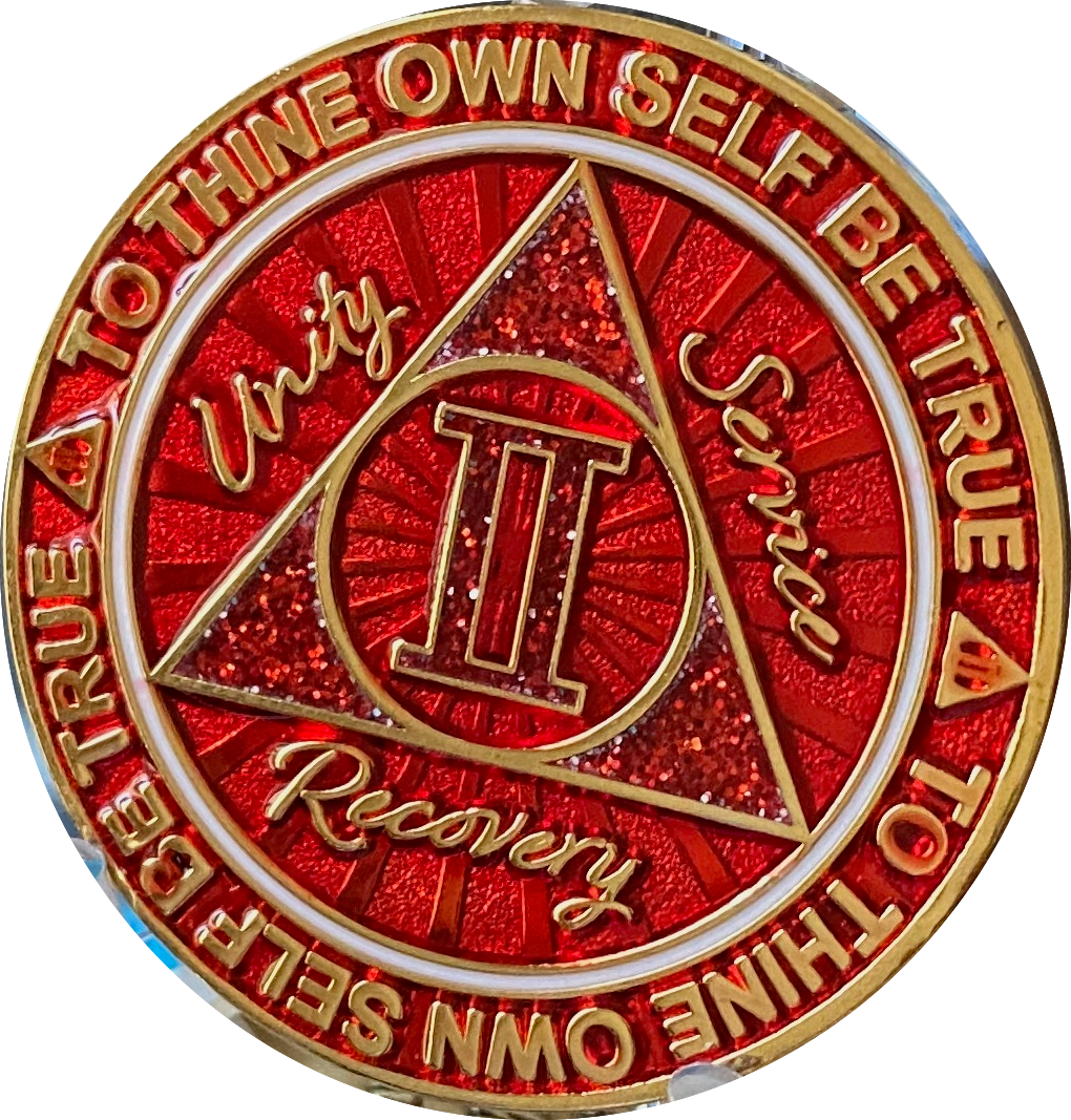 Recoverychip 2-Year Sobriety Medallion – Red & Gold Plated, 1 5/16” With Serenity Prayer, Vinyl Protector Included