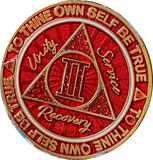 2 Year AA Medallion Cosmic Red Glitter Gold Plated Sobriety Chip