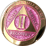 2 Year AA Medallion Elegant Glitter Pink Gold & Silver Plated Sobriety Chip