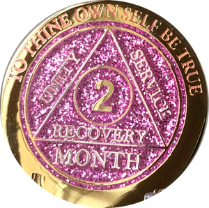 2 Month AA Medallion Reflex Pink Glitter Gold Plated  60 Day Sobriety Chip