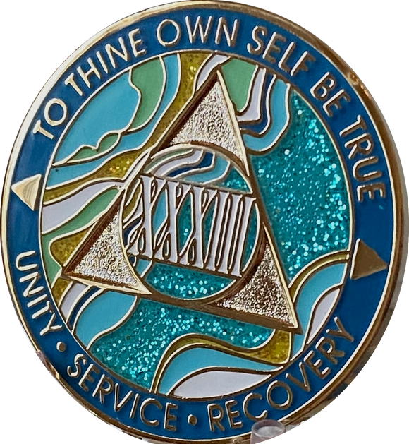 33 Year AA Medallion Elegant Caribbean Aqua Glitter Teal Marble Gold Sobriety Chip