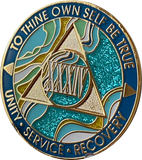 34 Year AA Medallion Elegant Caribbean Aqua Glitter Teal Marble Gold Sobriety Chip