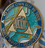34 Year AA Medallion Elegant Caribbean Aqua Glitter Teal Marble Gold Sobriety Chip