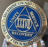 37 Year AA Medallion Reflex Blue Gold Plated Sobriety Chip Serenity Prayer Back 33x3mm