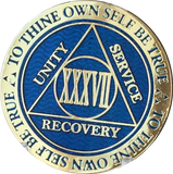 37 Year AA Medallion Reflex Blue Gold Plated Sobriety Chip Serenity Prayer Back 33x3mm