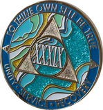 39 Year AA Medallion Elegant Caribbean Aqua Glitter Teal Marble Gold Sobriety Chip