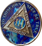 1 - 20 Year AA Medallion Sapphire Blue Swirl Tri-Plate Sobriety Chip