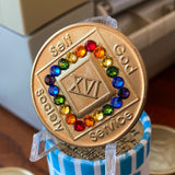 16 Year NA Clean Time Chip Bronze Rainbow LGBT Crystal Sobriety Chip