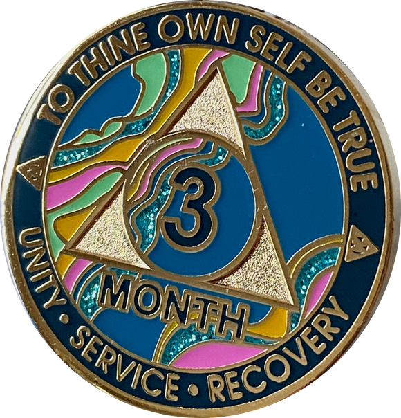 3 Month AA Medallion Tahiti Teal Marble 90 Day Sobriety Chip