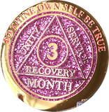 3 Month AA Medallion Reflex Pink Glitter Gold Plated 90 Day Sobriety Chip