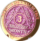 3 Month AA Medallion Reflex Pink Glitter Gold Plated 90 Day Sobriety Chip